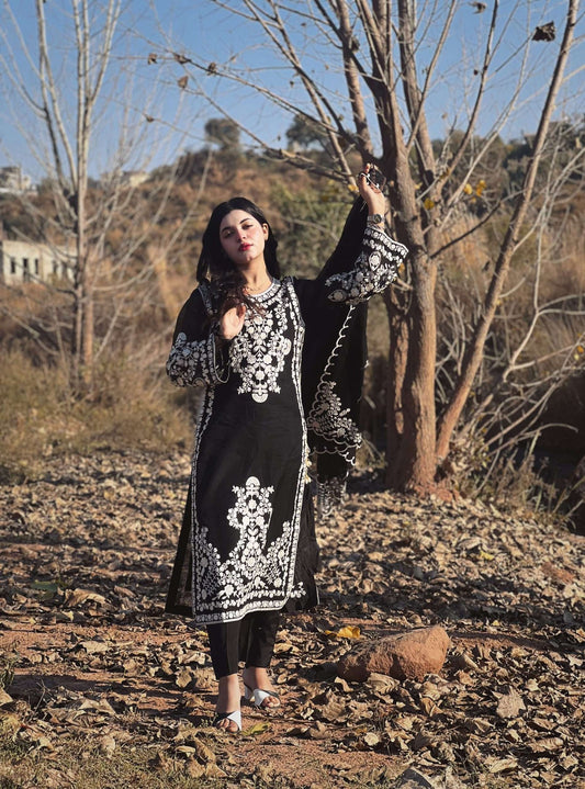 Black Net Dress with Floral Accents 3 piece Stitched