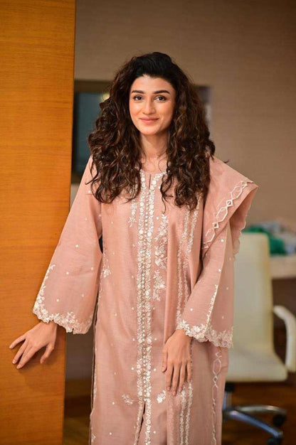 Tea Pink Khaadi Net Three-Piece Suit Unstitched